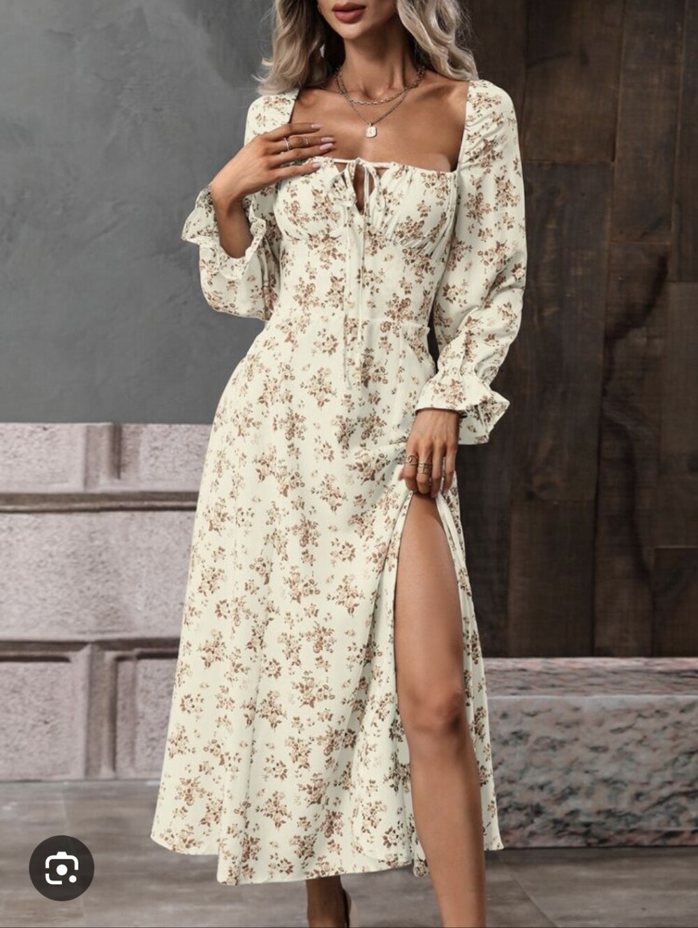 Long Sleeve Cream Maxi Dress with Brown Floral Print XL